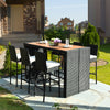 7-piece patio rattan wicker dining set featuring a table and 6 bar stools with cushions, ideal for outdoor dining.