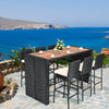 7-piece patio rattan wicker dining set with a wooden table and bar stools, perfect for outdoor dining by the sea.