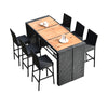 7-piece patio rattan wicker dining set with a wooden table and 6 bar stools, ideal for indoor and outdoor use.
