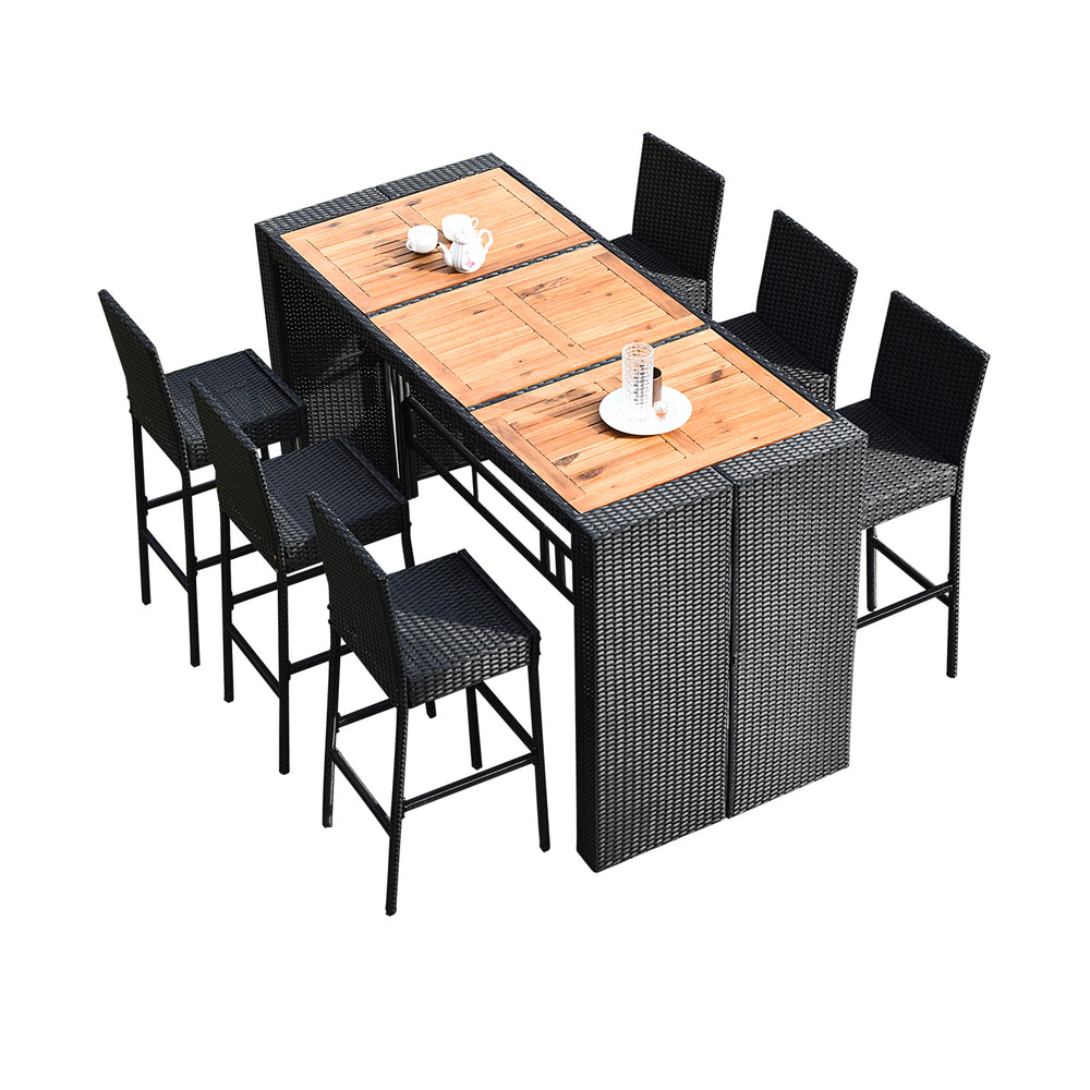 7-piece patio rattan wicker dining set with a wooden table and 6 bar stools, ideal for indoor and outdoor use.