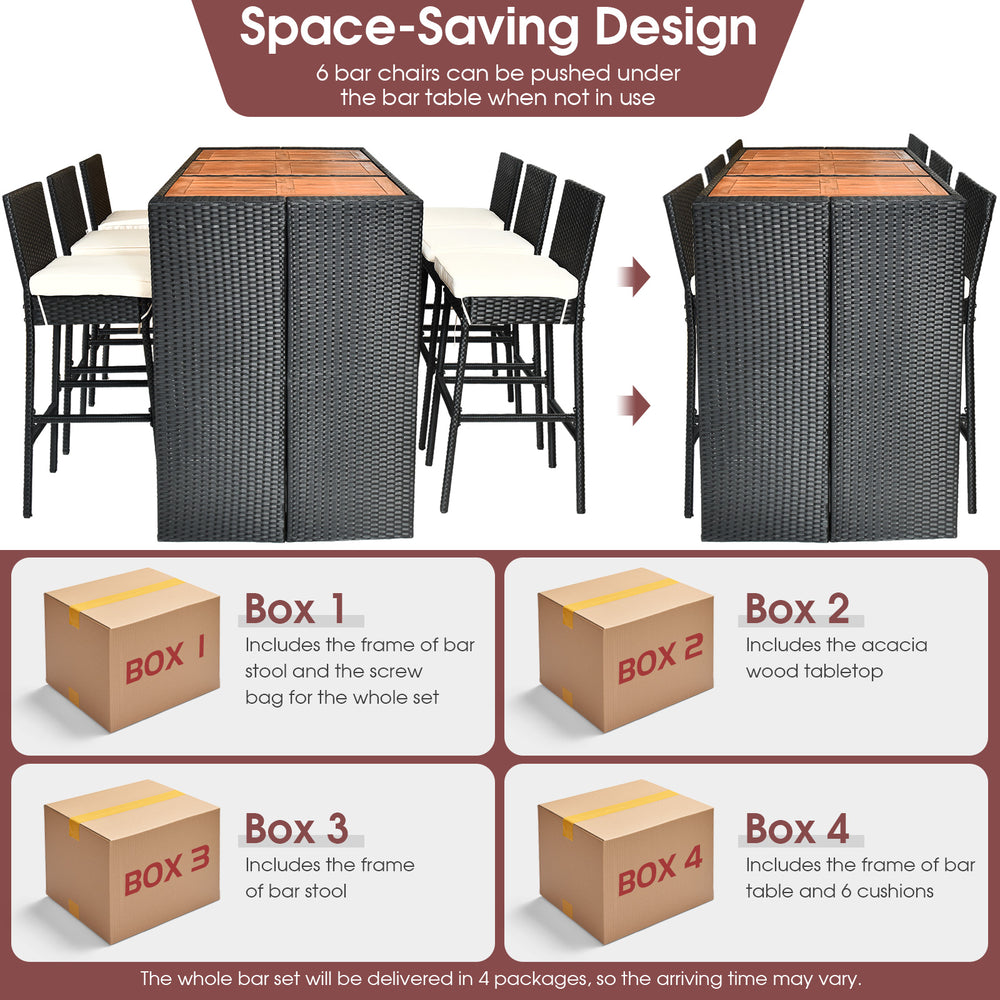 7-piece patio rattan wicker dining set with a table and 6 bar stools, featuring waterproof material and space-saving.