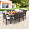 7-piece patio dining set featuring acacia wood tabletop, cushioned chairs, and umbrella hole for outdoor dining.