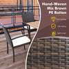 Hand-woven mix brown PE rattan dining chair with cushion, designed for outdoor patio use, featuring ergonomic armrests.