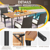 Dining set featuring a weather-proof acacia wood tabletop, cushioned chairs, and anti-slip footpads for outdoor use.