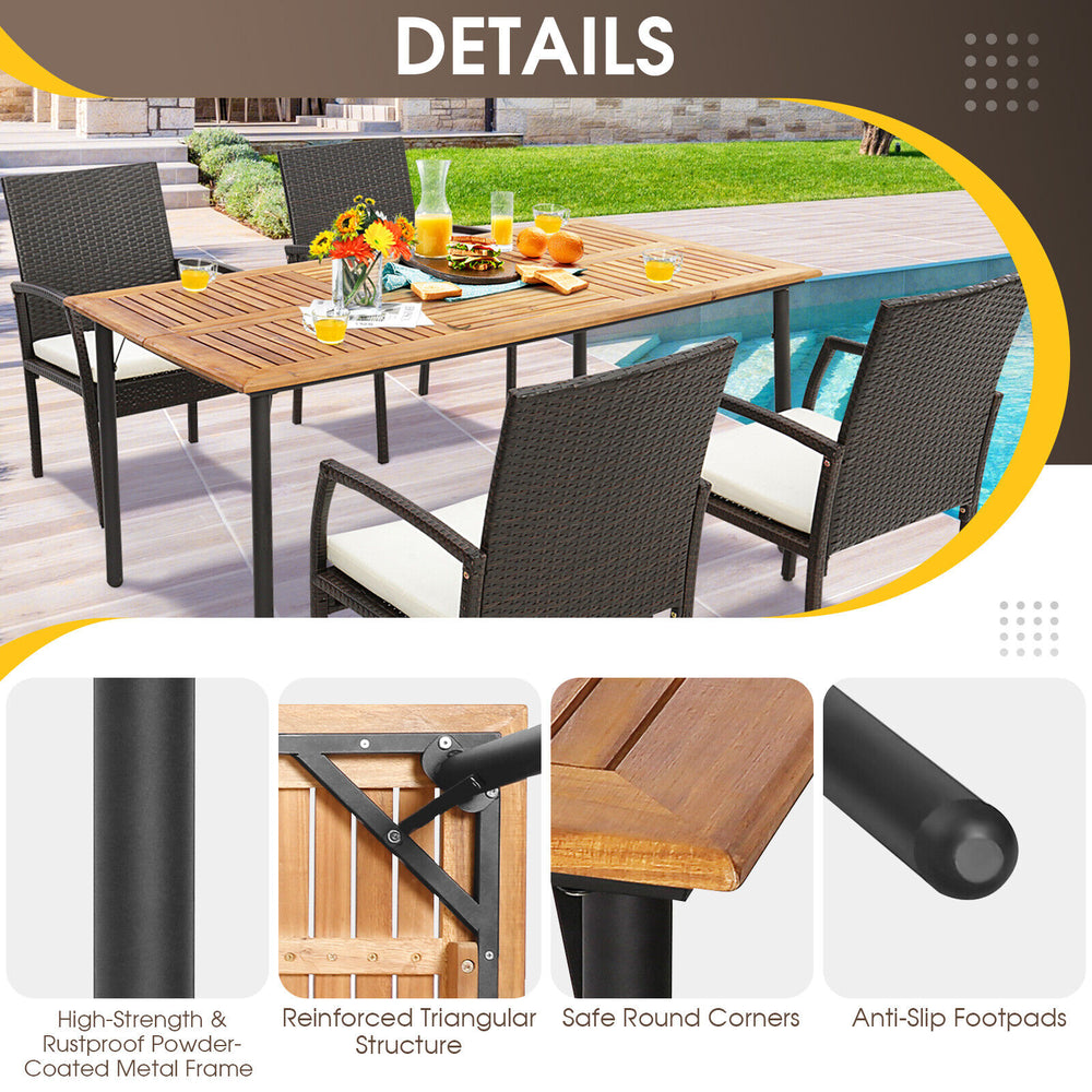 Dining set featuring a weather-proof acacia wood tabletop, cushioned chairs, and anti-slip footpads for outdoor use.