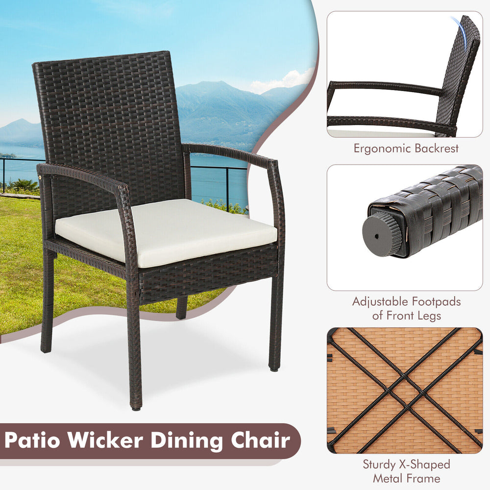 Patio wicker dining chair with ergonomic backrest, soft cushion, and adjustable footpads for outdoor comfort.