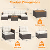 Product dimensions of the 7-piece wicker conversation set with acacia wood armrests for backyard use.