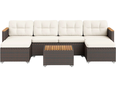 Costway 7-Pc Wicker Patio Conversation Set Wood Armrests Backyard 167495382 New