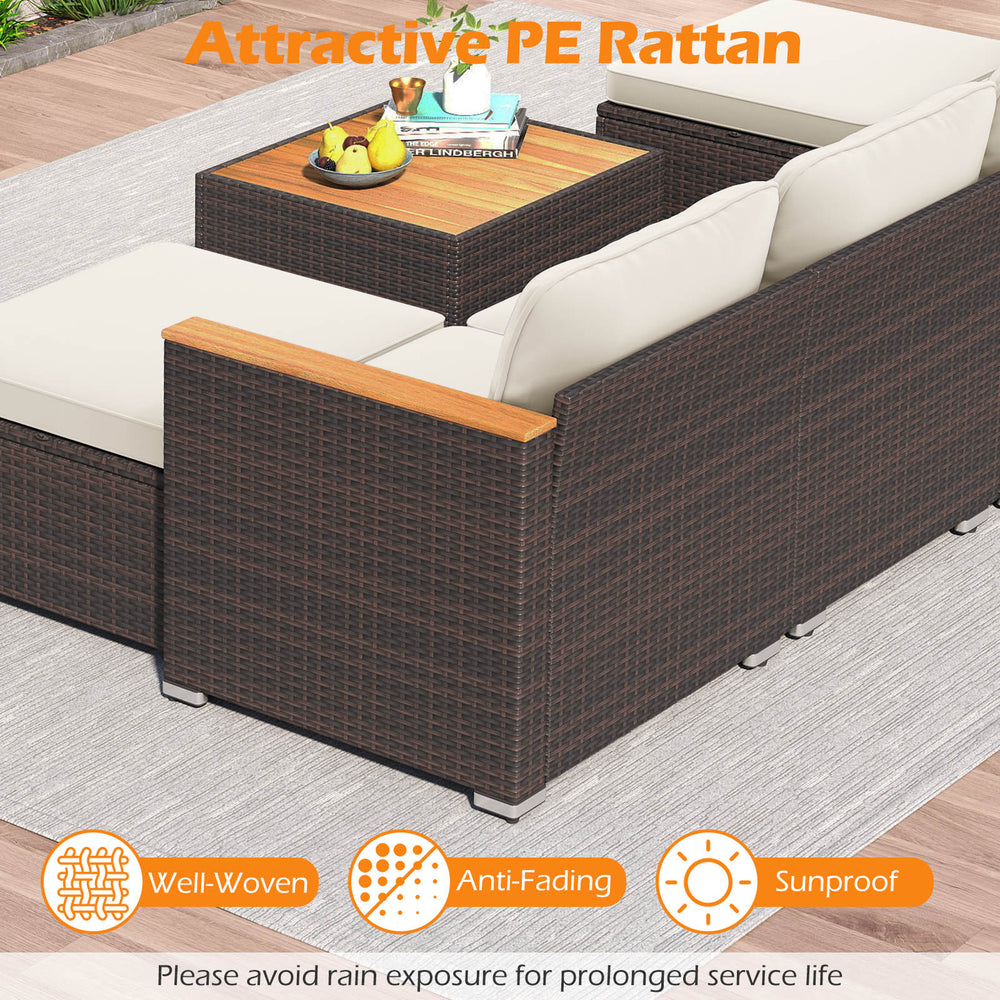 U-shaped 7-piece wicker conversation set with wood armrests, featuring cushioned seats for backyard relaxation.