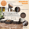 7-piece wicker conversation set featuring acacia wood armrests and cushioned seats, perfect for backyard relaxation.