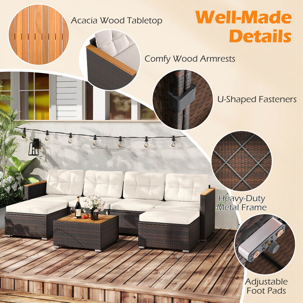 7-piece wicker conversation set featuring acacia wood armrests and cushioned seats, perfect for backyard relaxation.