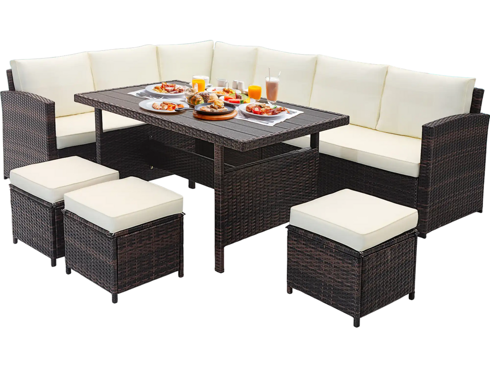 7-piece wicker patio furniture set with white cushions, featuring a wide slatted tabletop, ideal for garden or poolside.