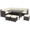7-piece wicker patio furniture set with cream cushions, featuring a wide slatted table and durable brown rattan for.