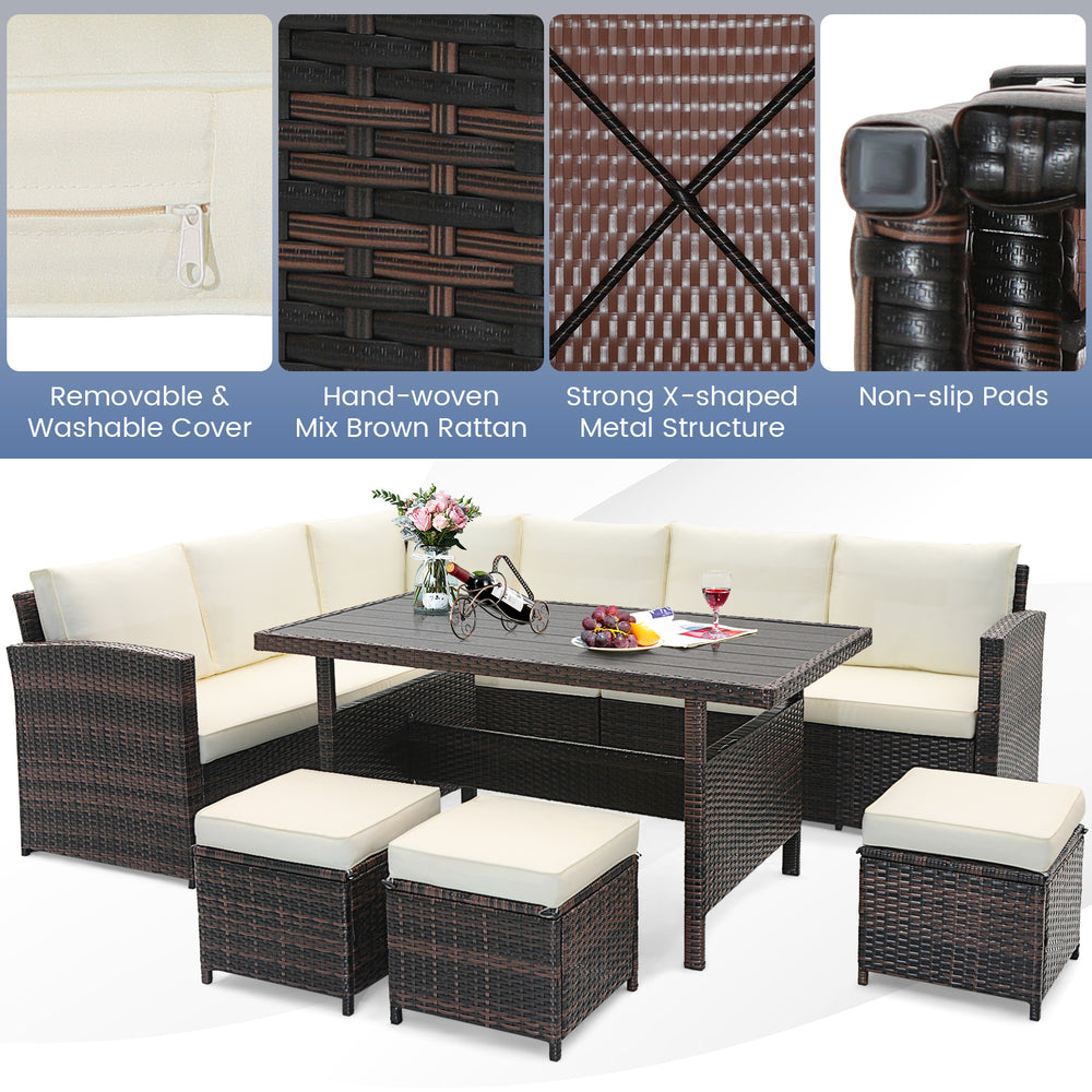 7-piece wicker patio furniture set featuring hand-woven mix brown rattan, thick cushions, and a wide slatted tabletop.