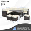 7-piece wicker patio furniture set in brown with white cushions, featuring a wide slatted tabletop for outdoor.
