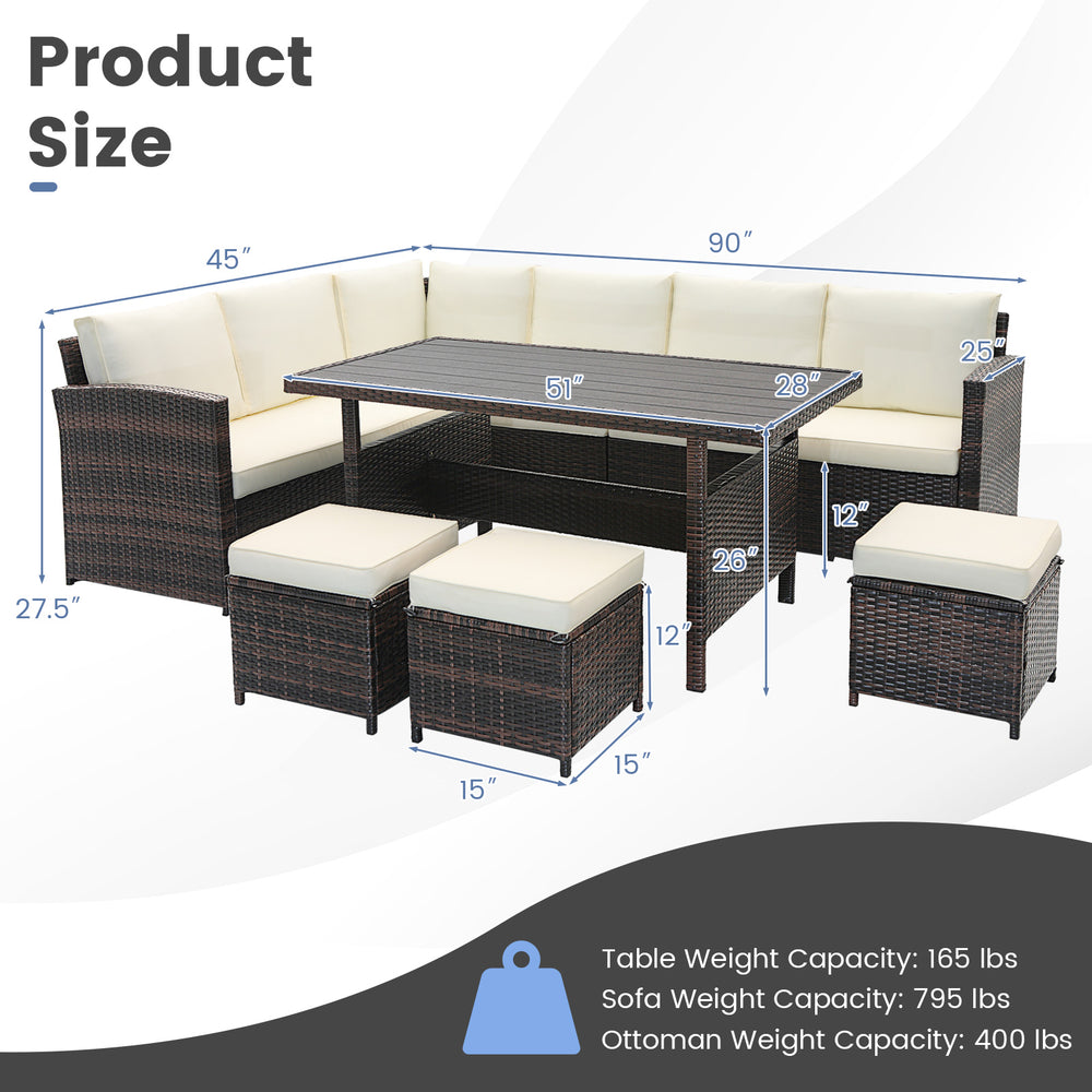 7-piece wicker patio furniture set in brown with white cushions, featuring a wide slatted tabletop for outdoor.