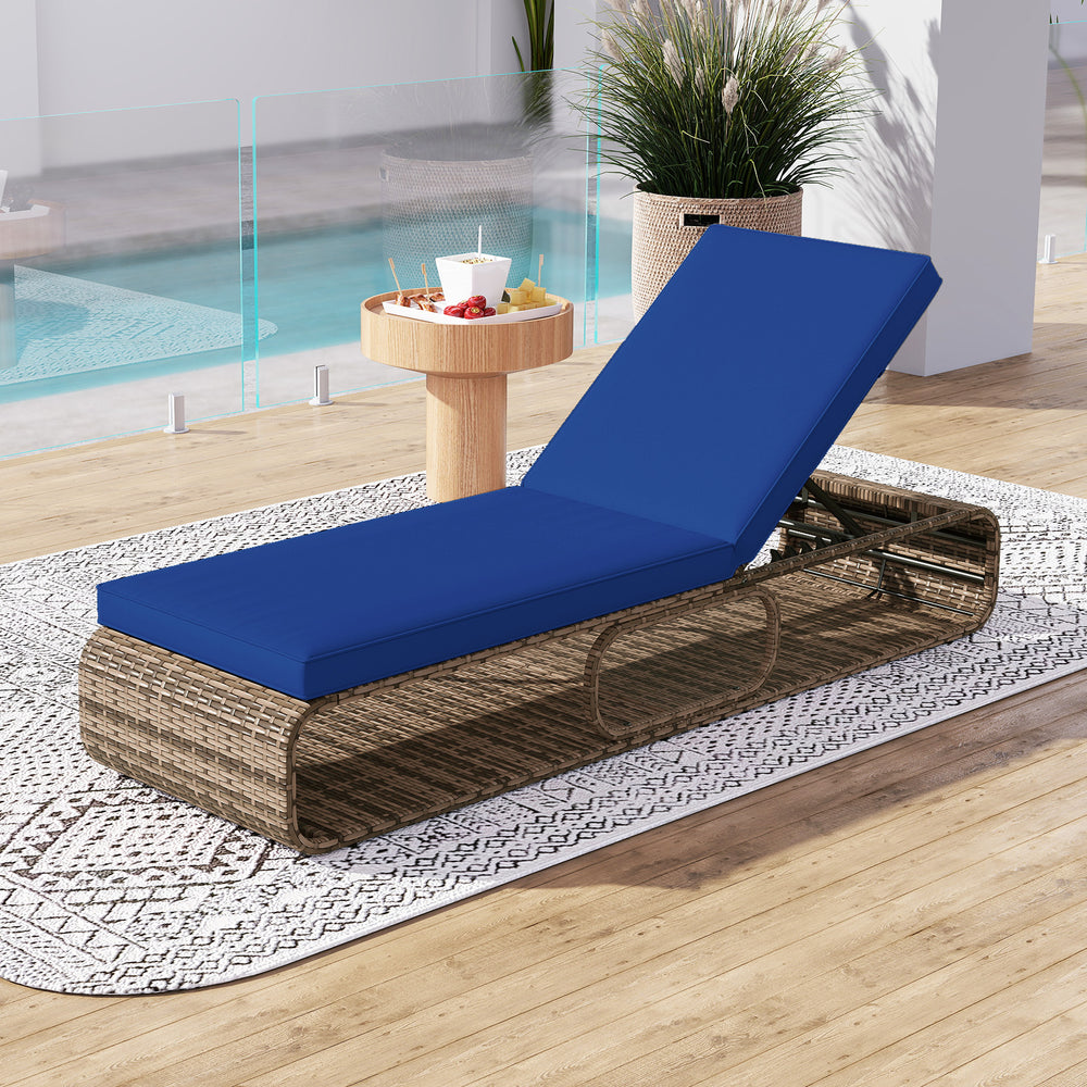 Navy 7-position adjustable PE rattan chaise lounge chair with cushion, perfect for poolside relaxation and sunbathing.