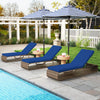 Three navy 7-position adjustable PE rattan chaise lounge chairs by the pool, perfect for sunbathing and relaxation.