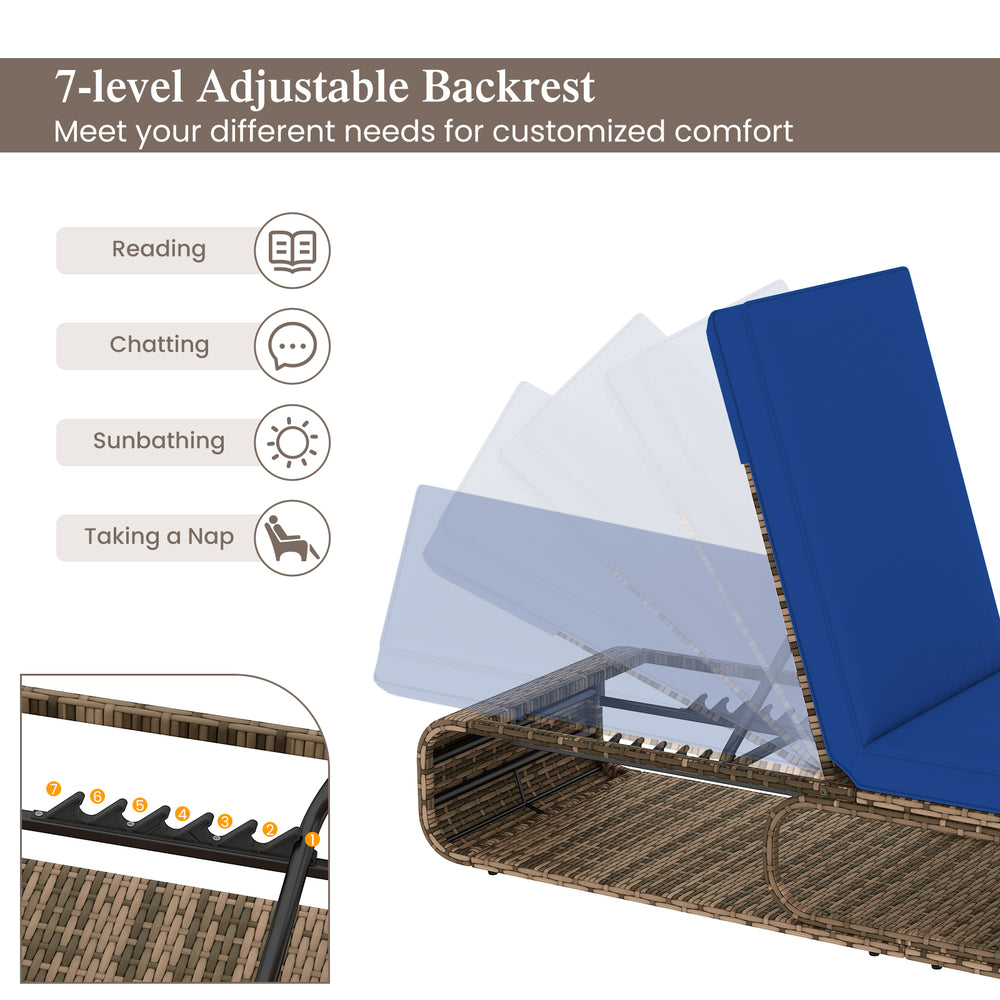 Adjustable PE rattan chaise lounge chair in navy with 7-level backrest, ideal for sunbathing and relaxation by the.