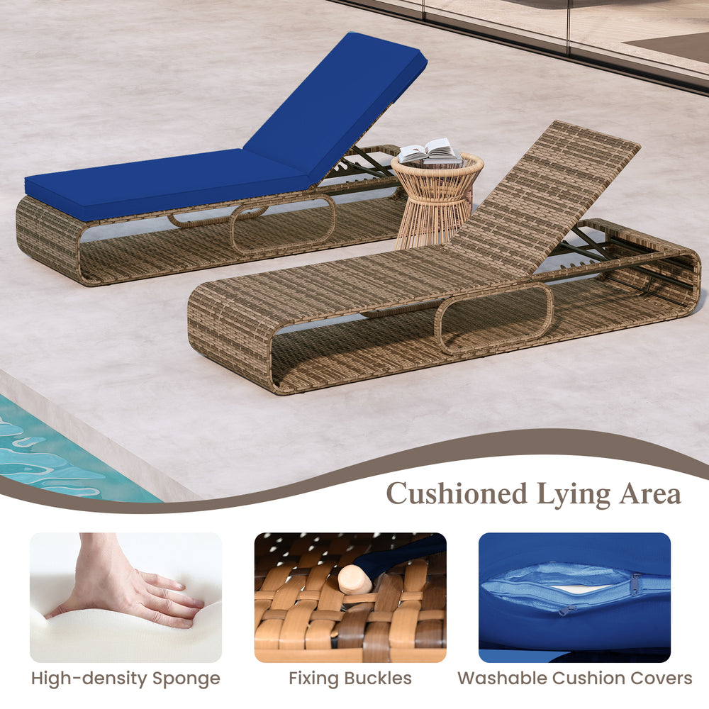 Adjustable PE rattan chaise lounge chair in navy with soft cushion, perfect for poolside relaxation and sunbathing.