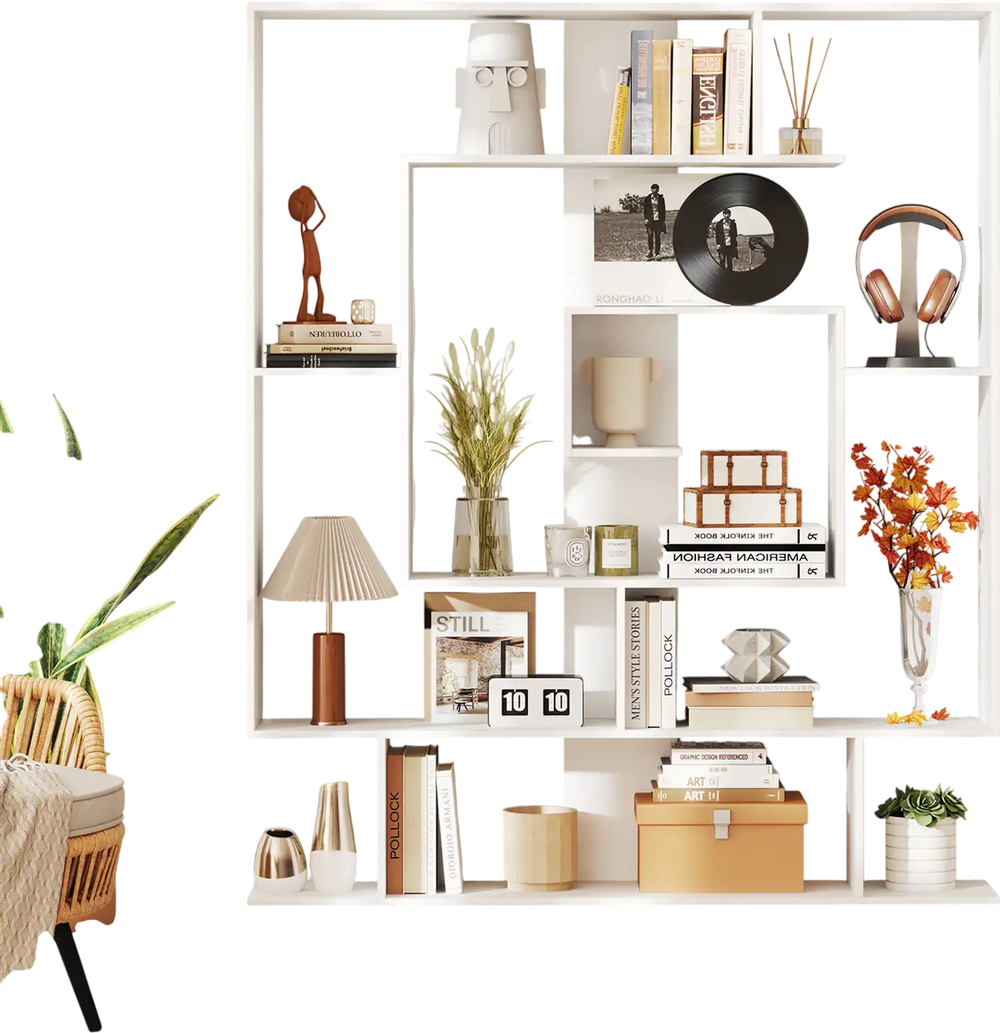 7-tier white bookshelf with layered compartments and geometric design, ideal for home office or living room display.