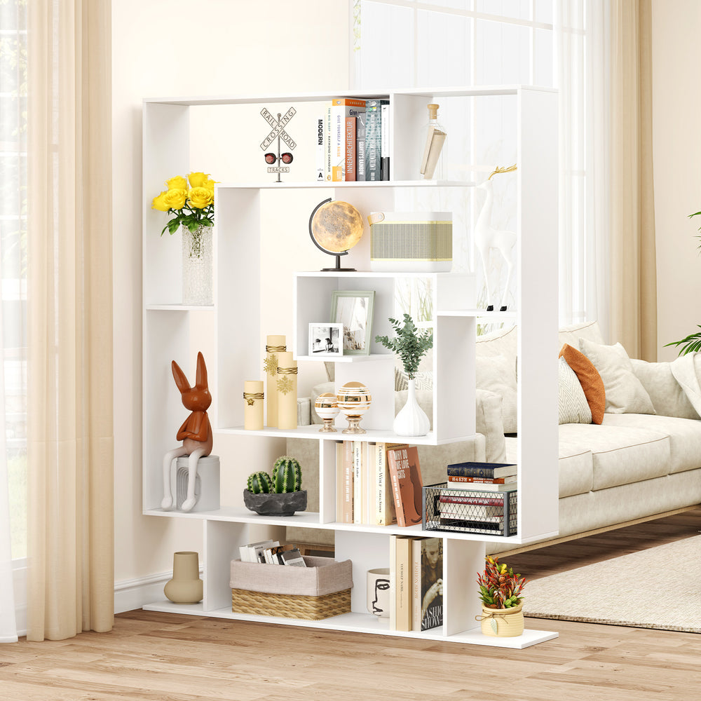 Close-up of the 7-tier white bookshelf's smooth surface and geometric design, perfect for stylish home office display.