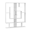 White 7-tier bookshelf with a geometric design, featuring layered compartments for home office storage solutions.
