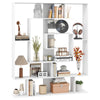 7-tier white bookshelf with layered compartments, decorative items, and a geometric design for home office storage.