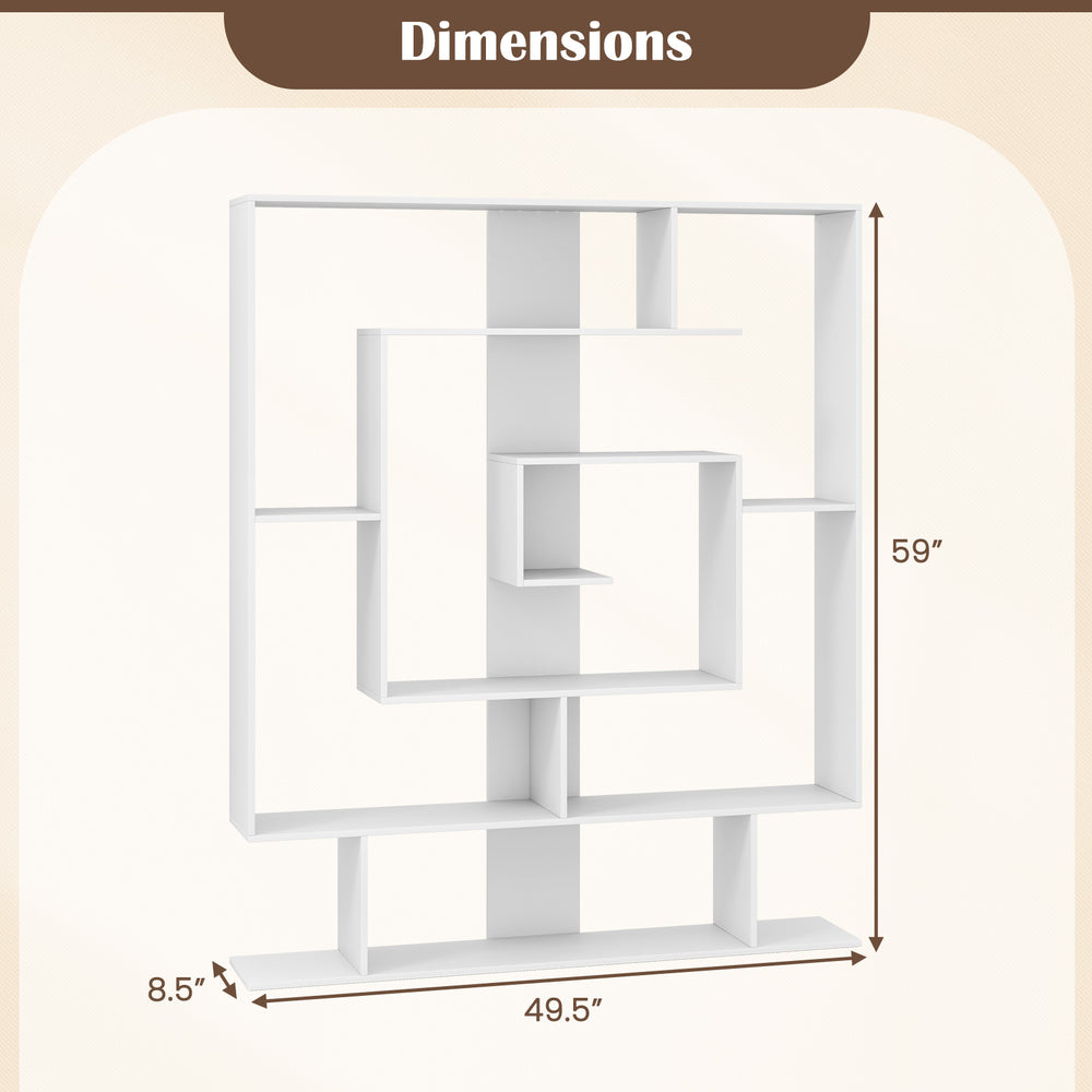7-tier white bookshelf dimensions showing a geometric design, ideal for home office or living room storage solutions.