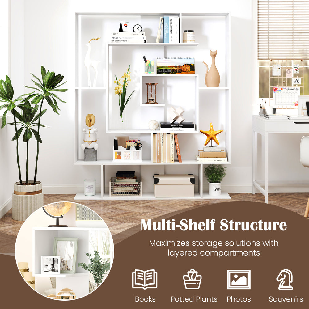 7-tier white bookshelf with layered compartments, perfect for books and decor in home office or living room.