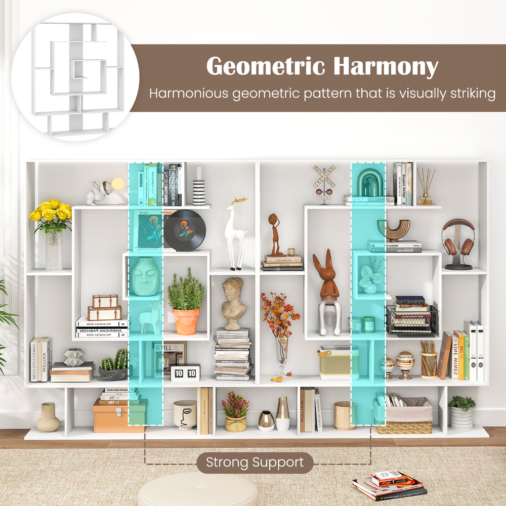 7-tier white bookshelf with geometric pattern, featuring sturdy support and layered compartments for home office.