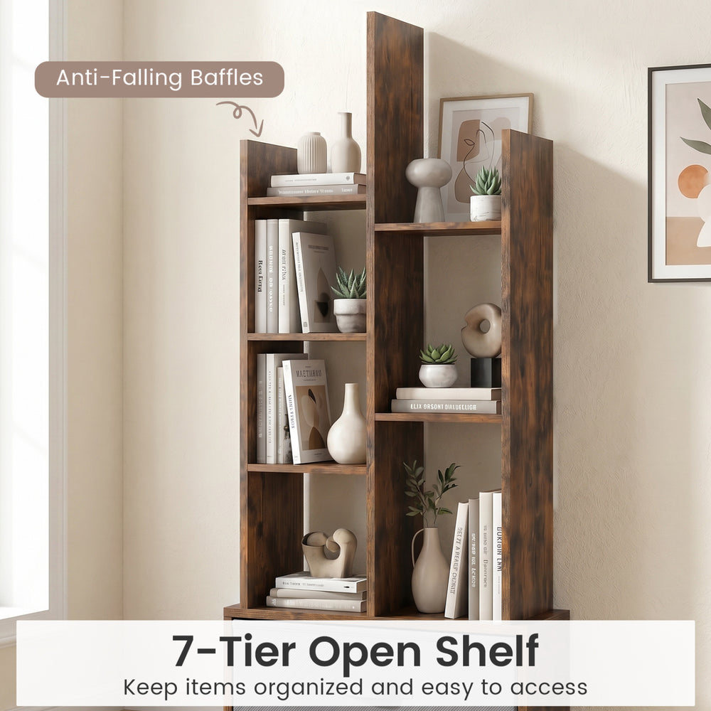 7-tier open-back bookshelf in rustic brown with a drawer, ideal for organizing items in a home office or living room.