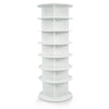Freestanding 7-tier rotating shoe rack in white with ample storage for up to 28 pairs, ideal for compact spaces.