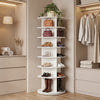 7-tier rotating shoe rack in white with ample storage for 28 pairs, perfect for maximizing corner space in any room.