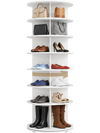 7-tier rotating shoe rack tower in white, designed for 28 pairs with spacious cubes and a stable base for versatile storage.