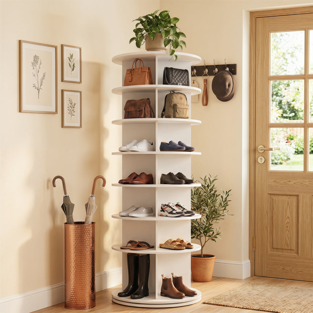 7-tier rotating shoe rack tower in white, designed for up to 28 pairs, perfect for compact corner storage.