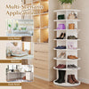 7-tier rotating shoe rack tower in white, designed for storing up to 28 pairs of shoes, perfect for compact spaces.