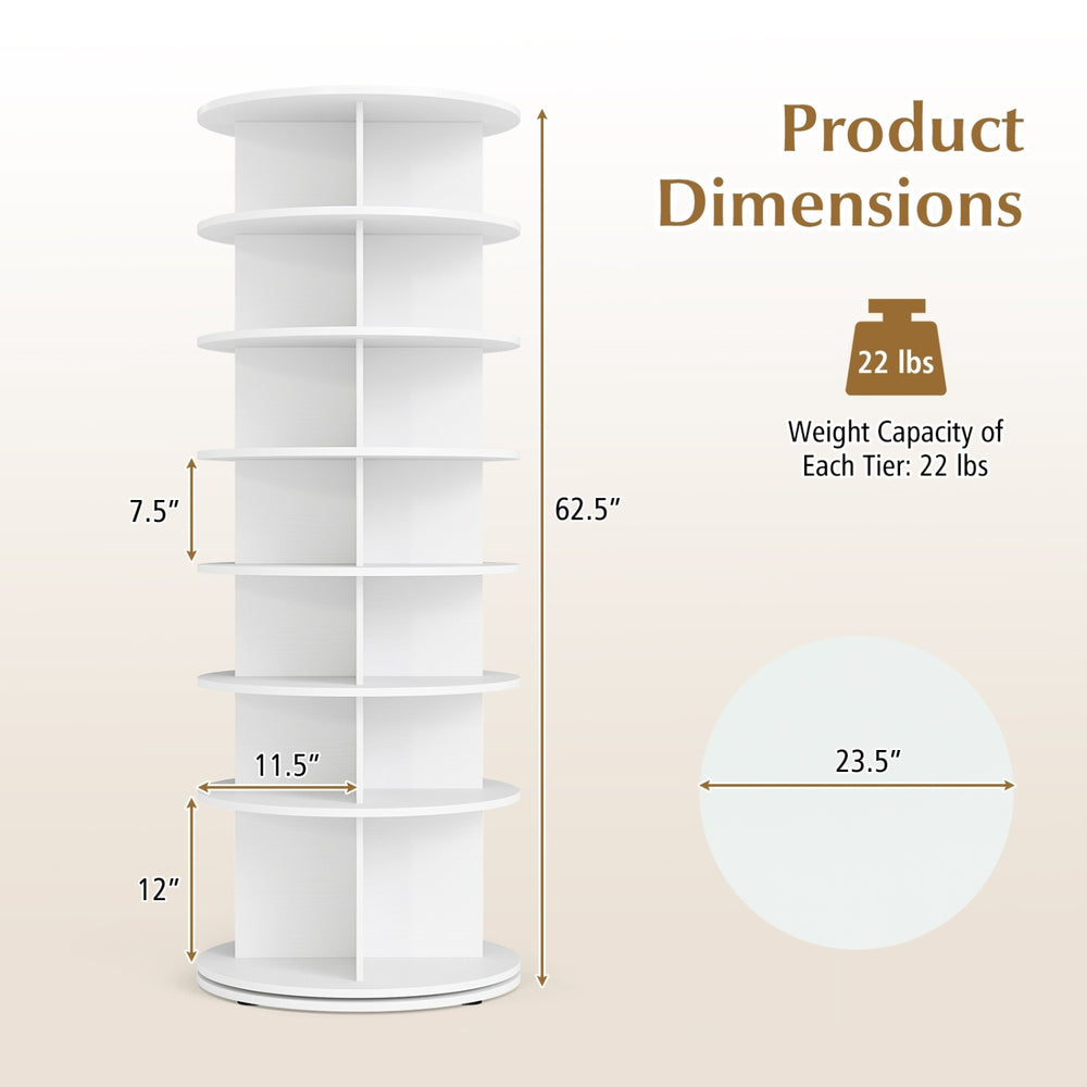 7-tier rotating shoe rack tower in white with a stable base, designed for storing up to 28 pairs of shoes.