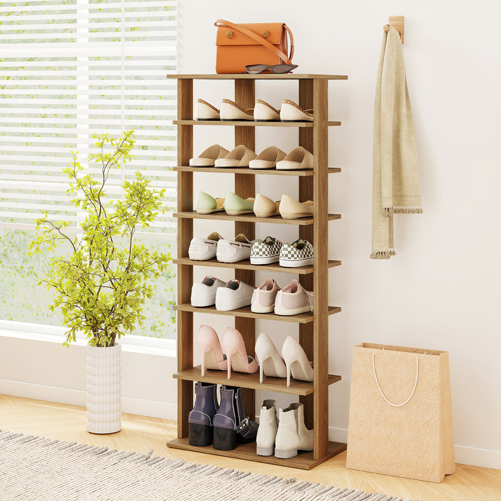 7-tier vertical shoe rack in natural finish, showcasing various shoe styles, ideal for small spaces and entryways.
