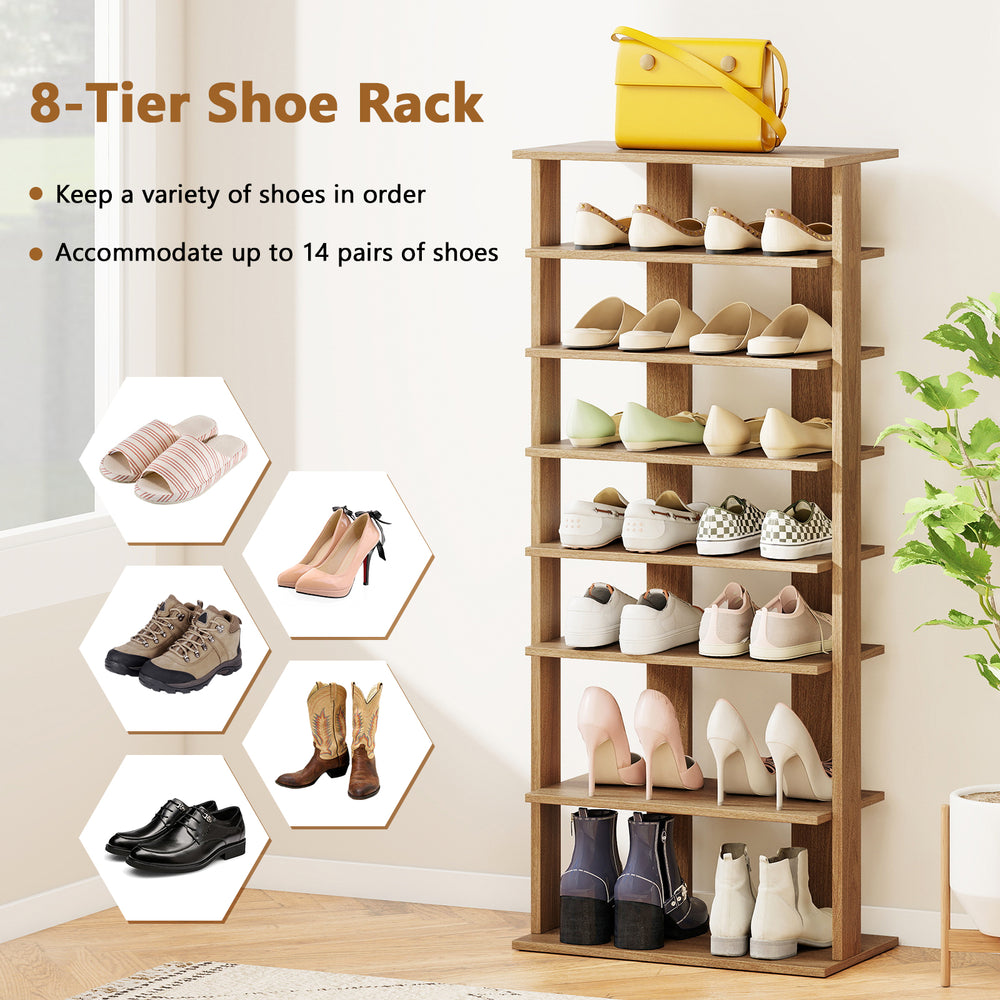 7-tier vertical shoe rack in natural finish, accommodates up to 14 pairs, ideal for small spaces and entryways.