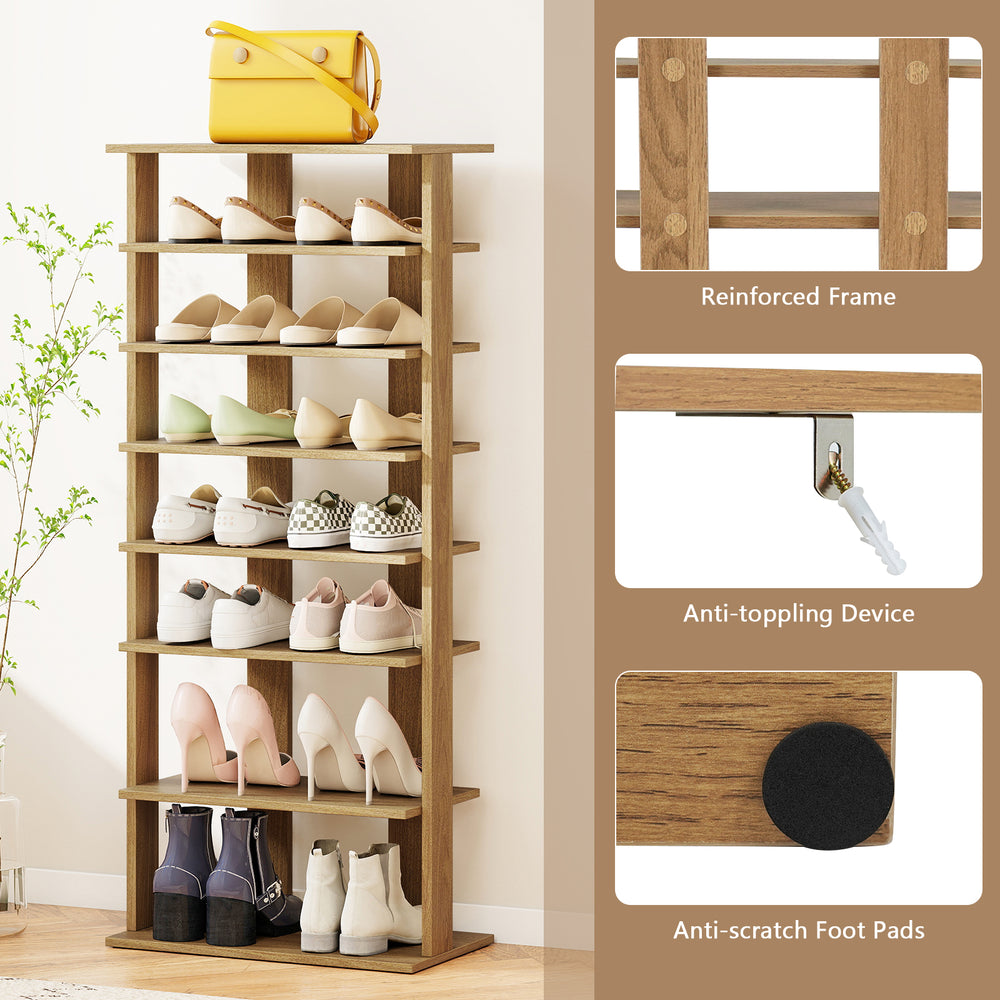 7-tier natural shoe rack with removable shelves, anti-tipping device, and non-slip foot pads for entryways and closets.
