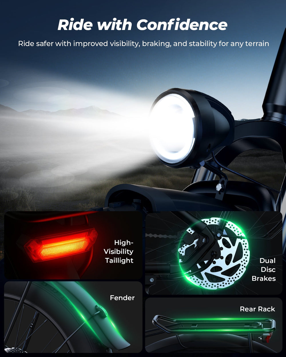 Lighting, brakes, fenders, and rear rack graphic