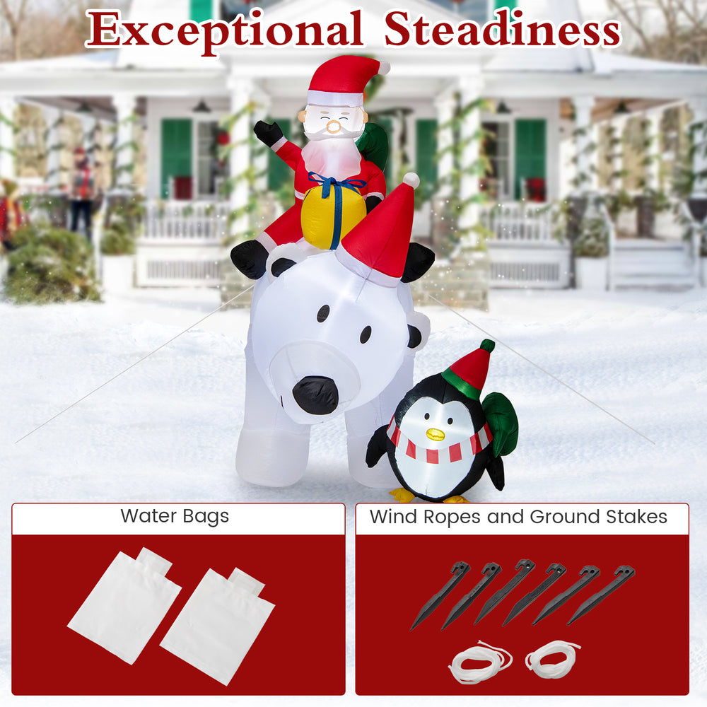 7-foot inflatable Santa Claus riding a polar bear with penguin, featuring LED lights and water bags for stability.