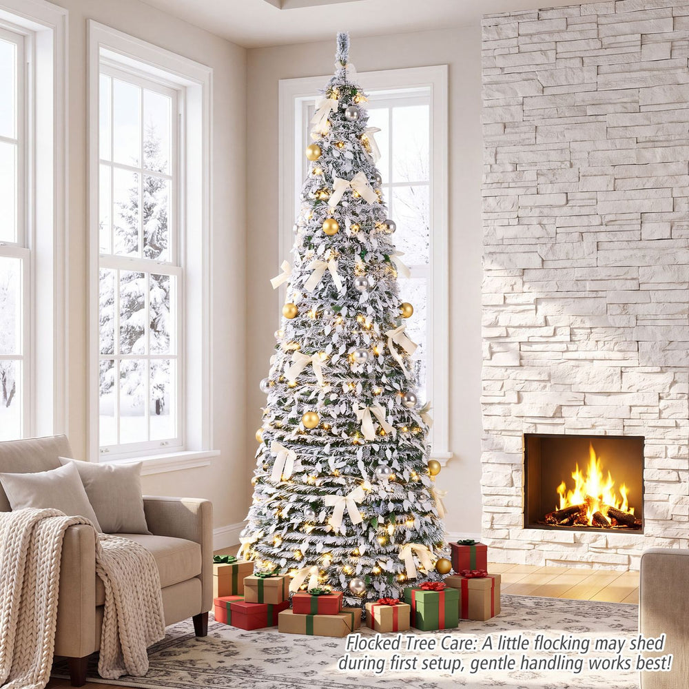 7 ft Pop Up Flocked Christmas Tree with 30 Christmas Bows and 35/50 Christmas Balls - Gallery View 1 of 10