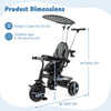 7-in-1 baby stroller tricycle in gray with adjustable canopy, foldable footrests, and all-terrain wheels for ages 9-60.