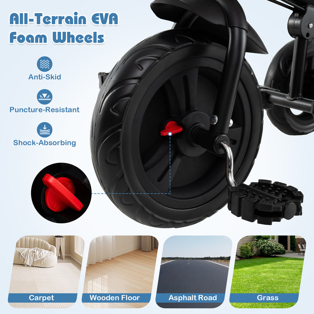 All-terrain EVA foam wheel of a 7-in-1 baby stroller tricycle, designed for smooth rides on various surfaces.