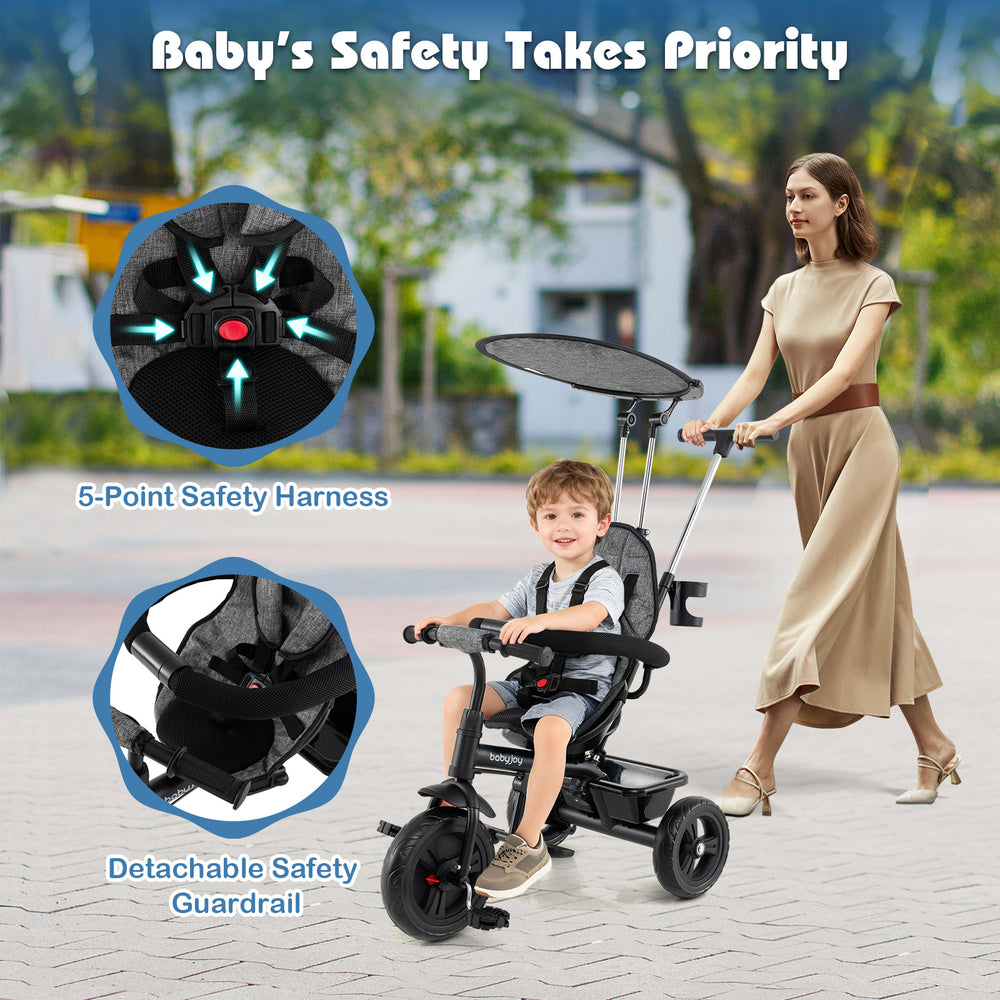 7-in-1 baby stroller tricycle in gray with adjustable canopy, 5-point harness, and detachable safety guardrail for.