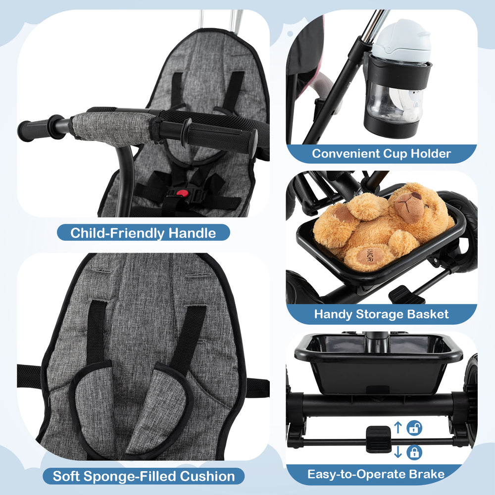 Child-friendly handle and soft sponge-filled cushion of the gray 7-in-1 baby stroller tricycle for comfort and safety.