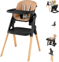 Convertible 7-in-1 baby high chair with adjustable tray, solid beech wood legs, and comfortable PU leather cushion for mealtime.