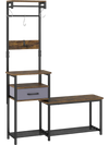 7-in-1 hall tree with shoe bench, hooks, and removable drawer in rustic brown for entryway storage and organization.